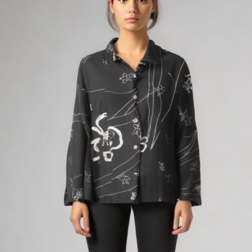 Chicos Black White Abstract Floral Linen Blend Button Front Shirt Jacket 2 Large